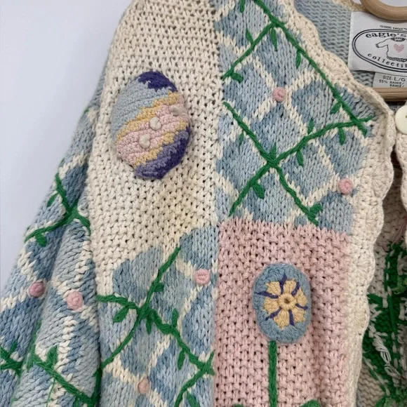 Vintage Crochet Storytelling Spring Bunny Chicks Cardigan Size L Eagle Eye 1995 - Picture 14 of 16